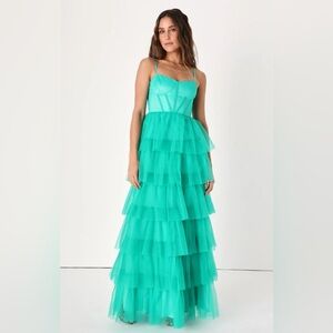 LULU'S SZ XS Teal Green Rule the Runway Tulle Bustier Tiered Maxi Dress